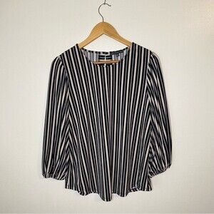Adrianna Papell Striped Balloon Sleeve High Scoop Neck Business Work Wear Top L